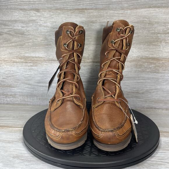 Vintage Timberland Women’s work Brown Two tone Leather Moc Toe Boots Size 7.5 - Picture 2 of 10